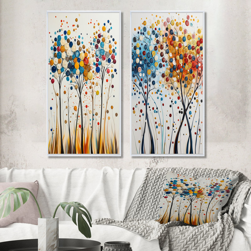 Ensemble de 4 pièces d'art mural orange et bleu 4 saisons Reflections I - abstrait Mid-Century, H 28 po x l 24 po