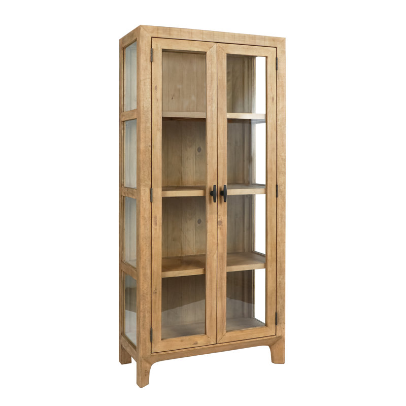 Natural Reclaimed Pine Wood Curio Cabinet with Glass Doors