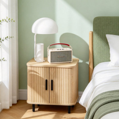 Oak Tone Nordic Bedside Table, Side Table with Roller Shutter Style Sliding Doors and Sturdy Metal Legs for Bedroom Living Room