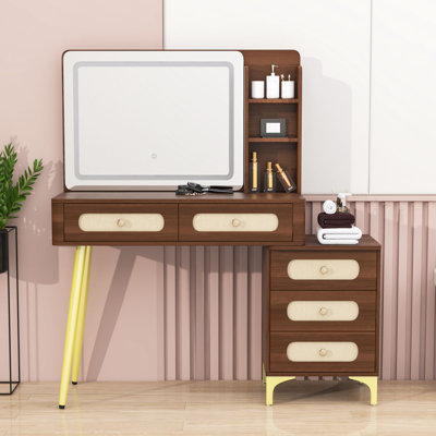 Meuble-lavabo 5 tiroirs avec miroir, éclairage réglable et tablettes de rangement