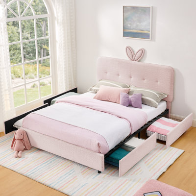 Grand lit tapissier pour enfant avec tête de lit pour oreilles de lapin, lumière DEL et 4 tiroirs de rangement, tissu bouclé, rose