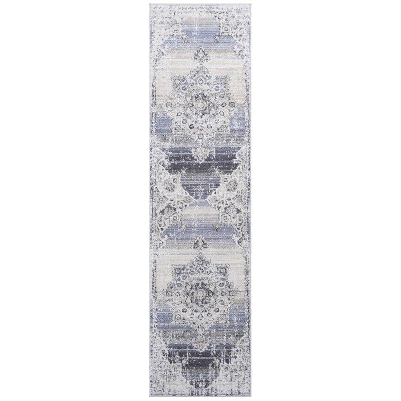 Non-Shedding Area Rug, Stain , For Home Office & Various Rooms - 2X8 Cream/Blue Medallion -, Offices, Runner 2'2" x 7'11"
