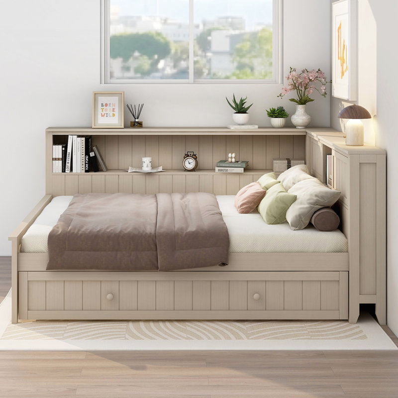 Lit de jour en bois pleine grandeur avec tablettes de rangement et lit gigogne, finition lait blanc antique pour une utilisation polyvalente et une économie d'espace