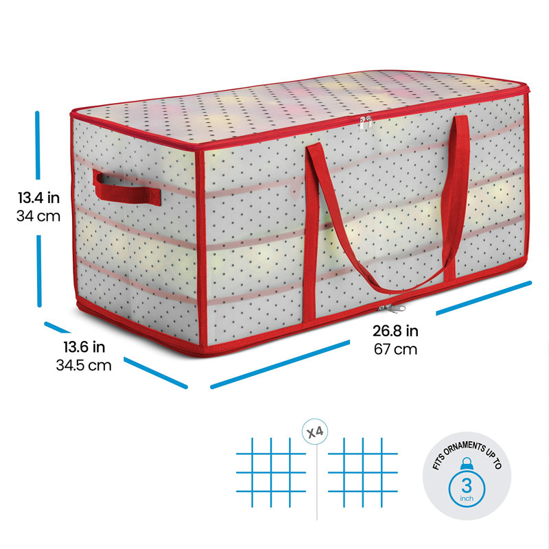 Boîte de rangement pour ornements de Noël - contient 128 ornements avec fermeture à glissière à 2 côtés - contenants de rangement en plastique flexibles pour ornements de Noël - compartiments cubes de 3 pouces - rouge