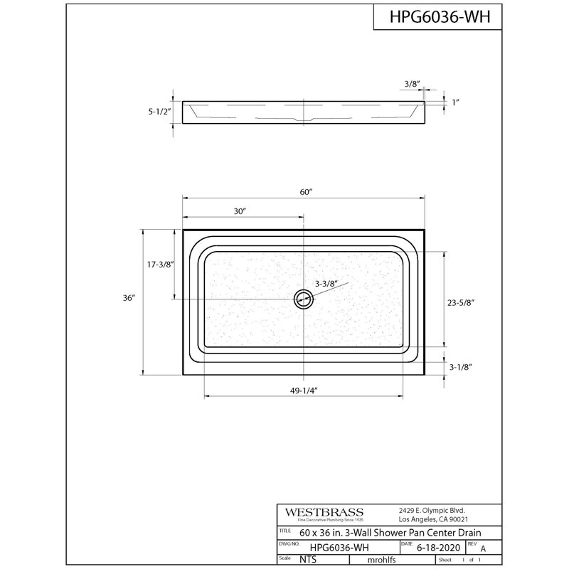 60'' W 36'' D Rectangular Single Shower Base, Polished Chrome