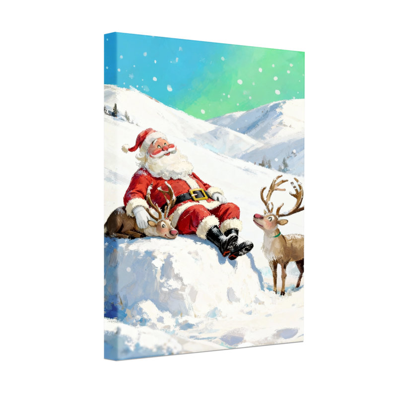 Christmas Santa Claus Resting With Reindeer In Snow, 30" H x 20" W