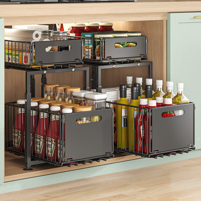 Under Sink Organizer, 2-Tier Multi-Use Kitchen and Bathroom Organizers and Storage, Slide Out Thickened Metal Under The Sink Organizer for Kitchen Bathroom Pantry, (Black)