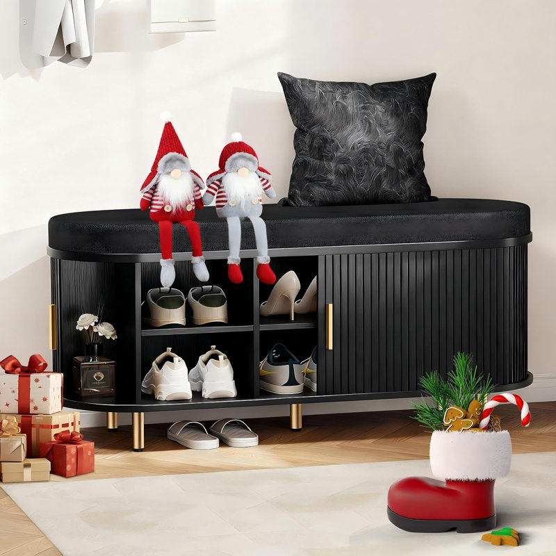 Entryway Bench With Shoe Storage Fluted Shoe Storage Sliding Door And Adjustable Shelf With Cushion,2-tier Shoe Rack Cabinet For Entryway, Bedroom, Living Room