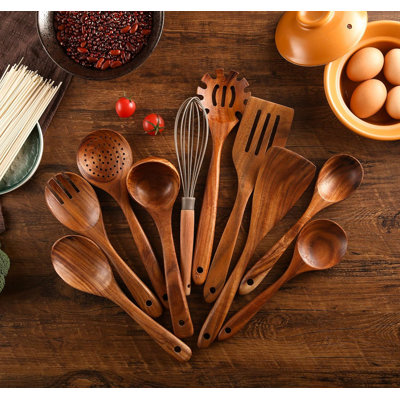 Ensemble 11 pièces d'ustensiles de cuisine en bois de teck avec tonneau de rangement en acier inoxydable, cuillères de cuisine en bois naturel et spatules pour batterie de cuisine antiadhésive