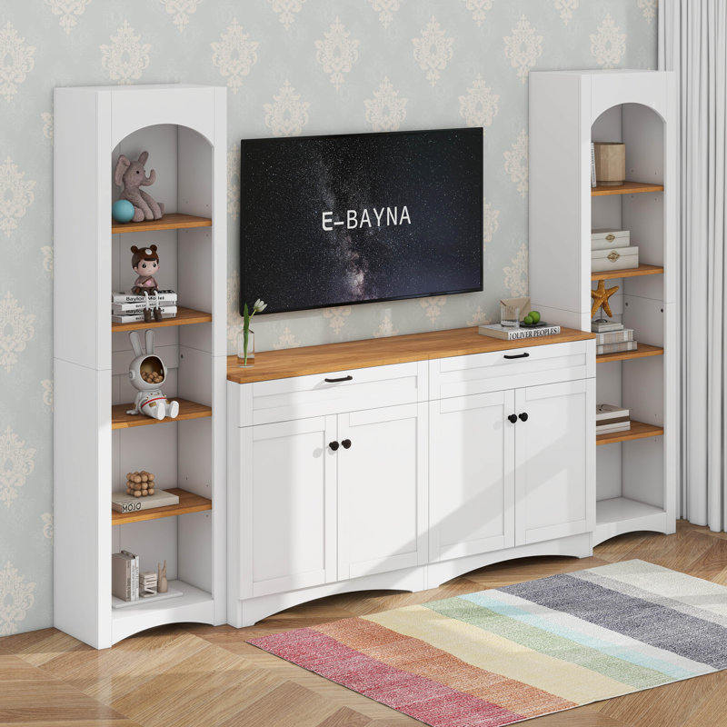 Meuble télé 3 pièces avec armoire de rangement, meuble télé Mid-Century avec bibliothèque, buffet rustique polyvalent avec tablettes réglables