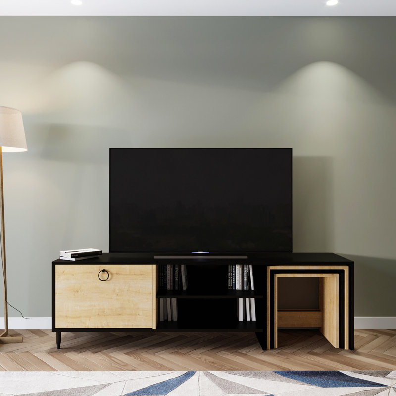 Meuble télé moderne avec capacité de fixation murale, noir et chêne, 70,9 po x 21,7 po x 15,7 po | 100% panneau de particules enduit de mélamine, épaisseur: 0,7 pouce | 3 tables gigognes et plusieurs tablettes pour des solutions de rangement élégantes