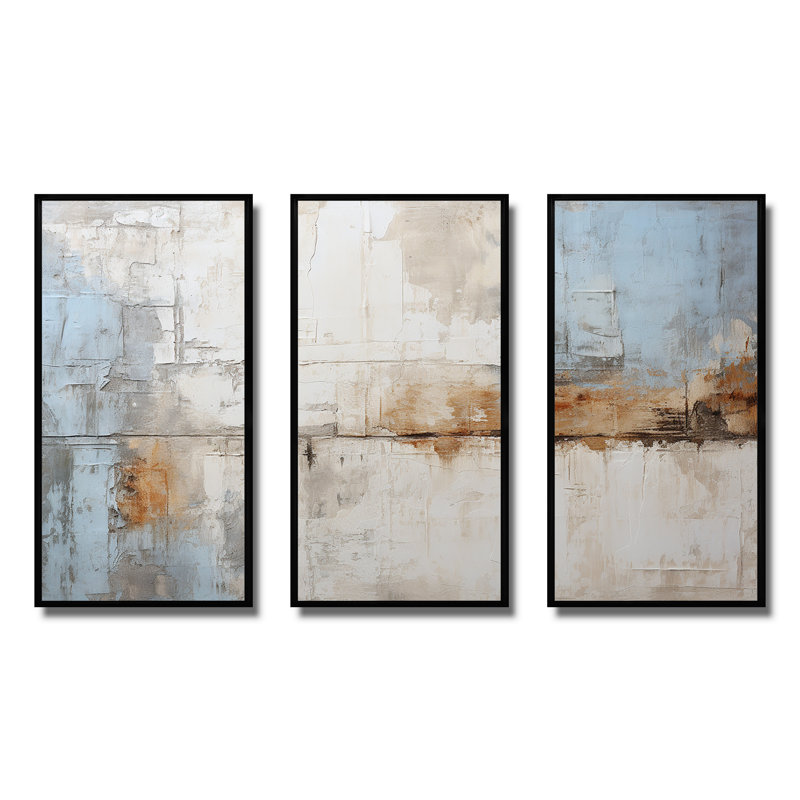 Tachisme gris et bleu - art mural tachisme, Cadre flottant noir, H 32 po x l 48 po x P 1 po