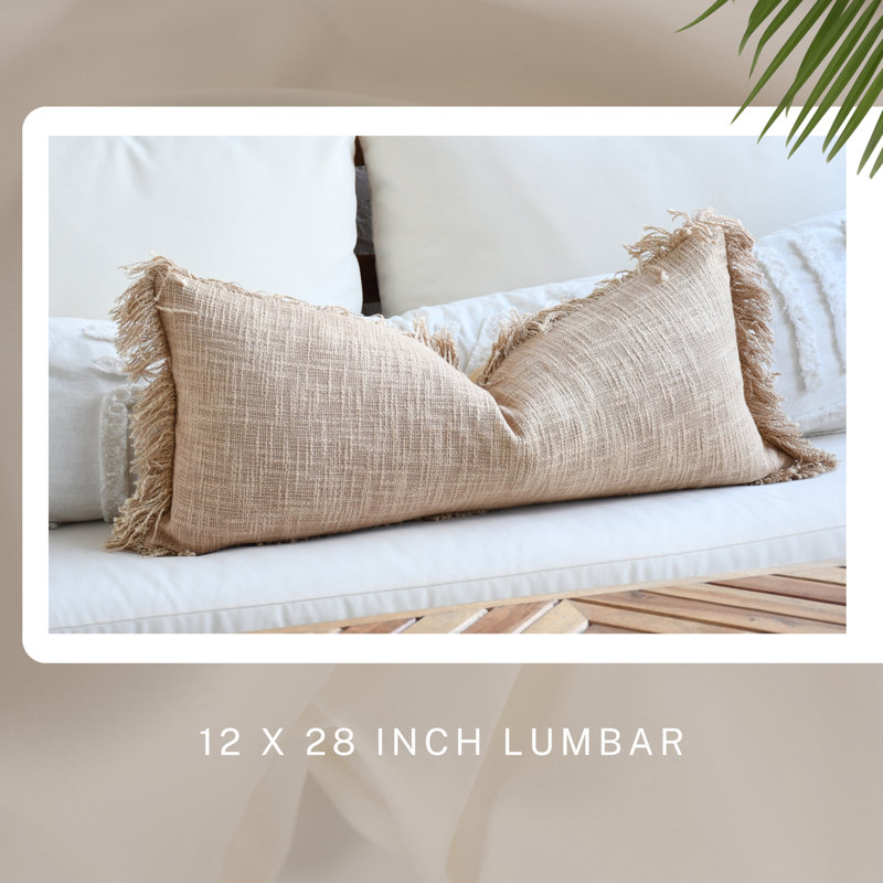 India Chic Fringe Cotton Pillow Cover,  Light Brown, 12" x 28"
