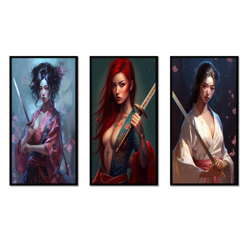 «Samurai Cyberpunk Chick», 3 pièces sur toile, Cadre flottant noir, H 28 po x l 36 po