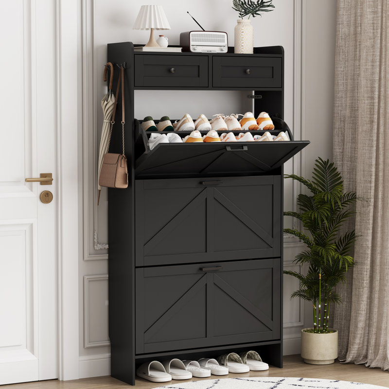 57.2"H Farmhouse Shoe Cabinet with 3 Flip Drawers & 2 Drawers – Narrow Freestanding Organizer for Entryway（30" W x 9.25" D x 57.2" H）