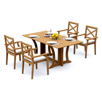 5 Pcs Grade-A Teak Wood Dining Set: Warwick Console Folding Rectangle Table And 4 Damarrea Stacking Arm Chairs #11GR1504