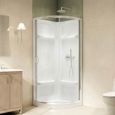 Breeze 35 in. L x 35 in. W x 72.83 in. H Round Corner Shower Kit in Chrome, Clear Sliding Door, Walls and Pan