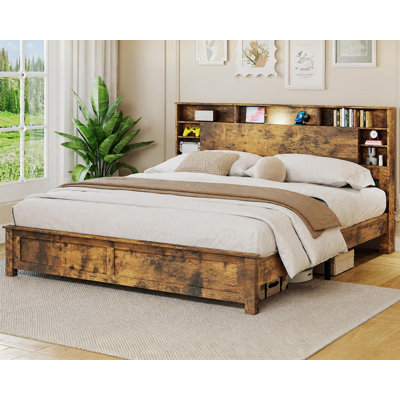 Wooden Full Size Bed Frame with Storage Headboard, Farmhouse Wood Platform Bed Frame with Charging Station, LED Lights & Bookcase, No Box Spring Needed, Rustic Brown