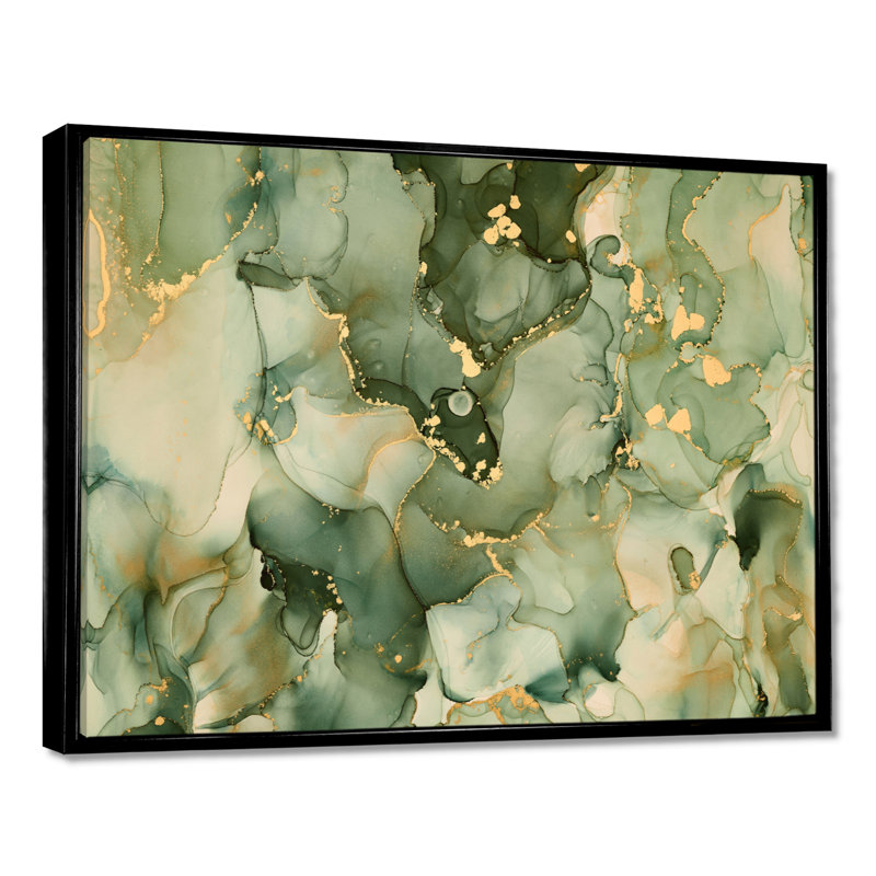" Green Luxury Abstract Fluid Art I " by Designart, 16" H x 32" W, Floater Framed Print, Black