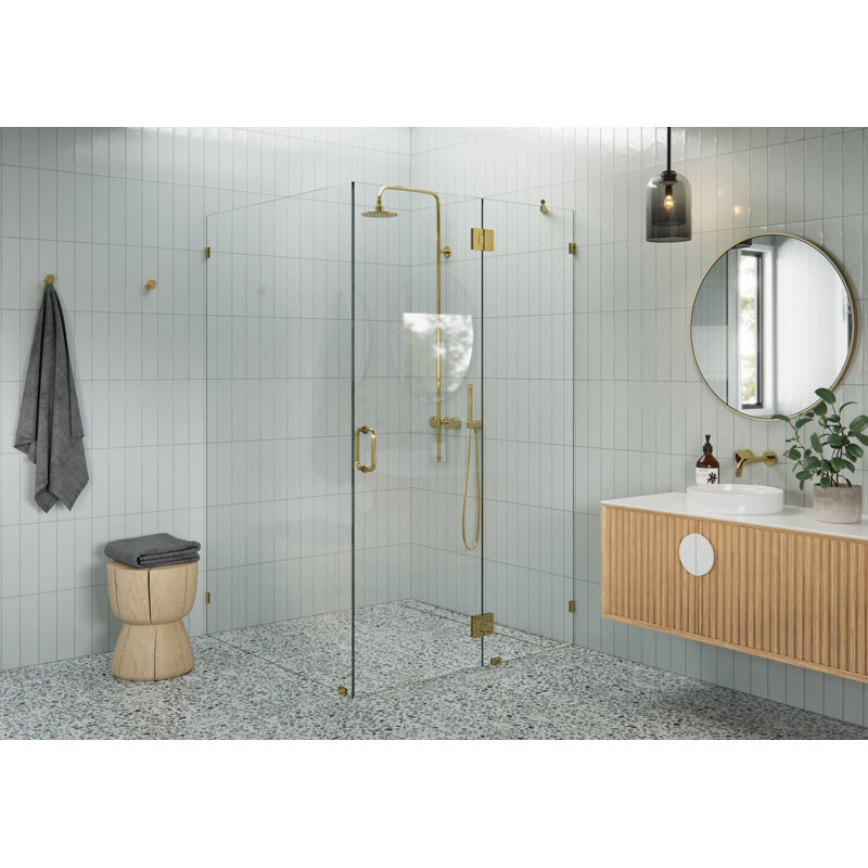 Halo 48 in. x 47 in. x 78 in. 90-degree Fully Frameless Glass Hinged Shower Enclosure, Polished Brass