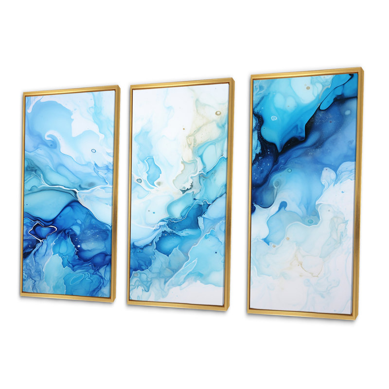 Ensemble de décorations murales océan bleu et blanc à encre liquide I - Formes abstraites, Cadre flottant doré