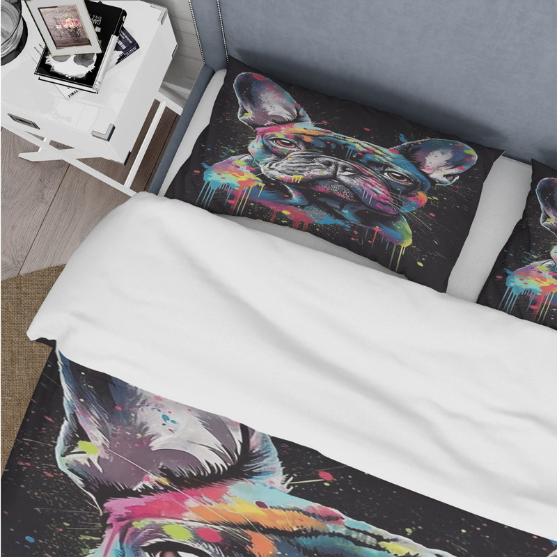 «Black Blue Paints Platter Bulldog Portrait» - Ensemble de housse de couette animaux - Microfibre de polyester