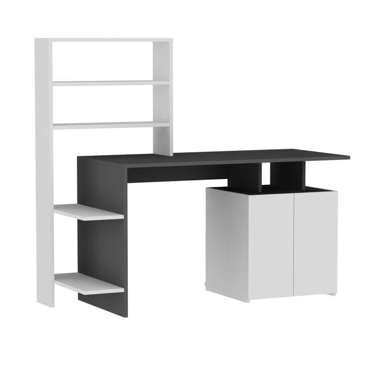 Ensemble de bureau et bibliothèque Modern Study, blanc / anthracite, 57,5 x 29,0 x 23,6 pouces | 100% panneau de particules enduit de mélamine, épaisseur de 0,71 po | Nombreuses tablettes, fixation murale | Parfait pour les bureaux élégants et les espaces d'étude