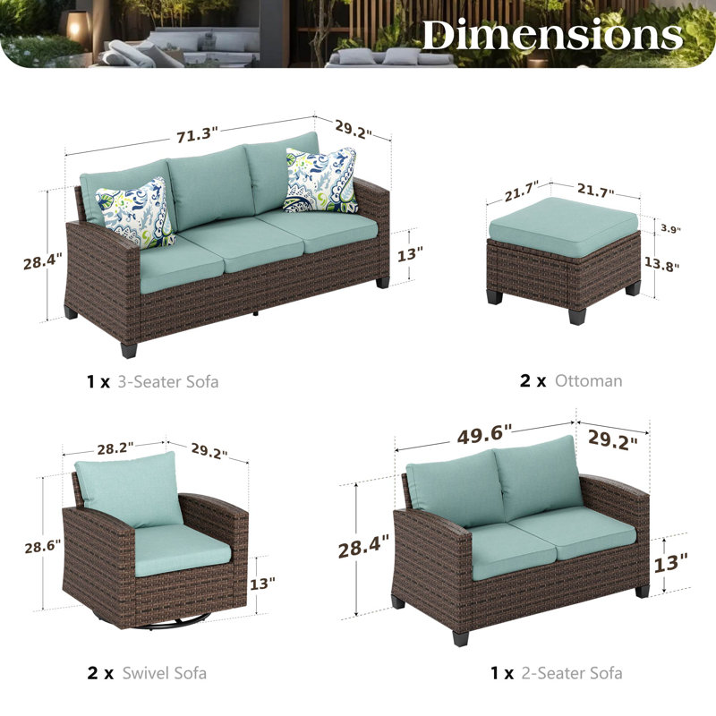 9 - Person Outdoor Wicker Patio Conversation Furniture Set  with Swivel Chairs, Blue