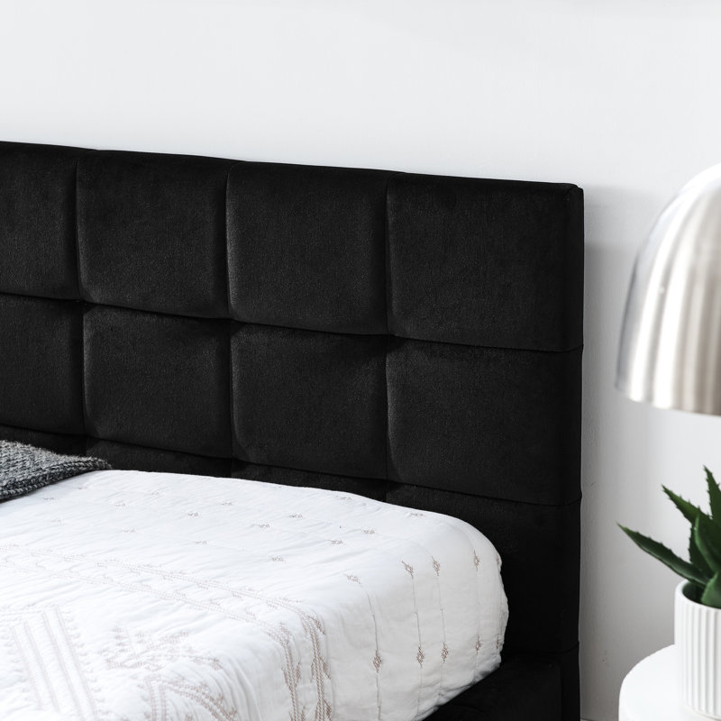 Lit tapissier double avec velours - Structure solide et stable pour salon noir avec structure pour