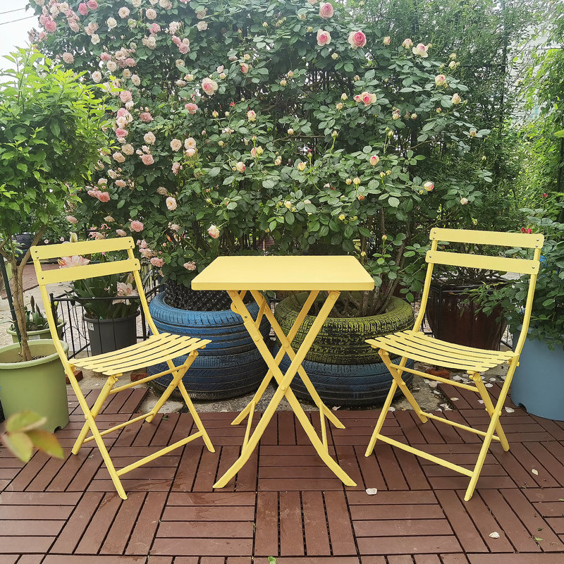 3 Piece Patio Bistro Set Of Foldable Square Table And Chairs, Yellow
