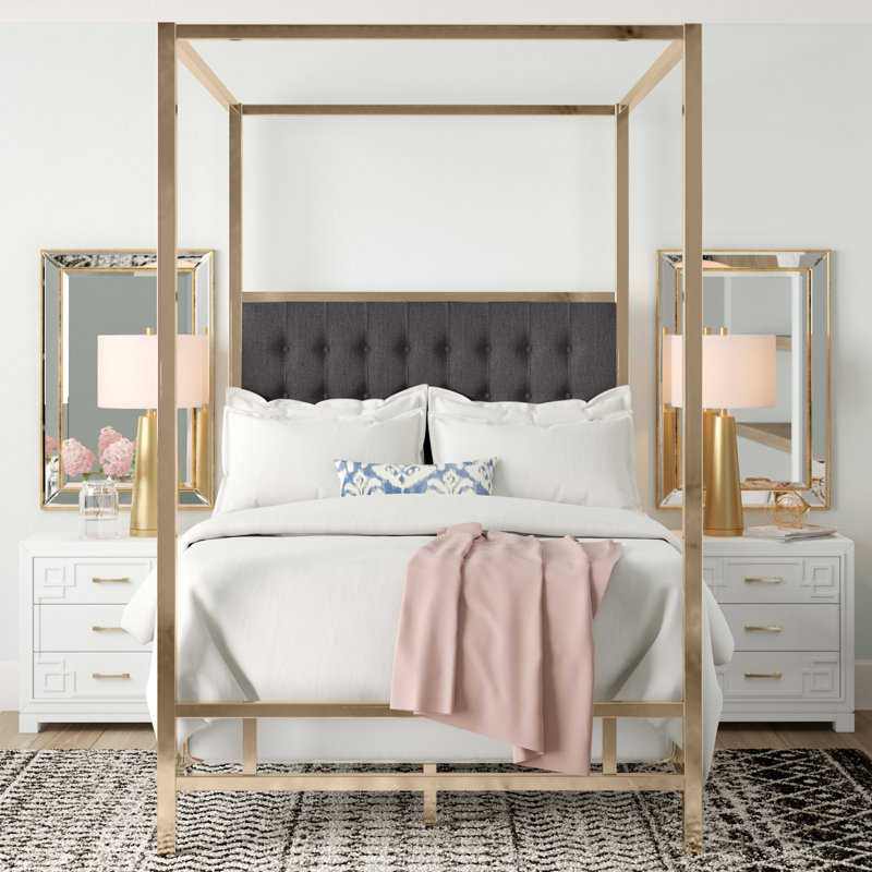 Pettaway Upholstered Metal Canopy Bed, Queen, Heathered Dark Gray Linen, Champagne Gold
