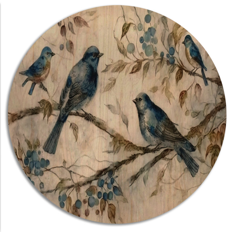 Four Vintage Blue Birds On A Branch IV - Unframed Print on Wood, 29" H x 29" W x 1'' D