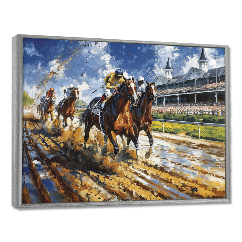 Marlyin - course de chevaux, art mural, H 34 po x l 44 po x P 1,5 po, Encadrement argenté