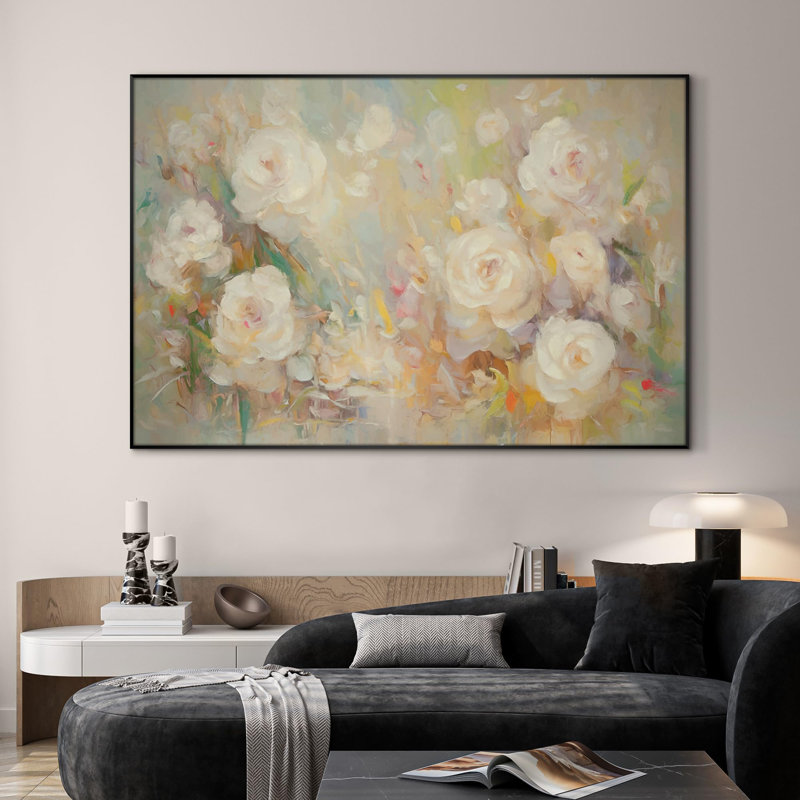 Extra Large Wall Art Fabric Print - Soft Pastel Roses in Abstract Impressionist Style Artwork Decor for Living Room or Bedroom - "Frame Assembly Required (Unfinished Frame)"
