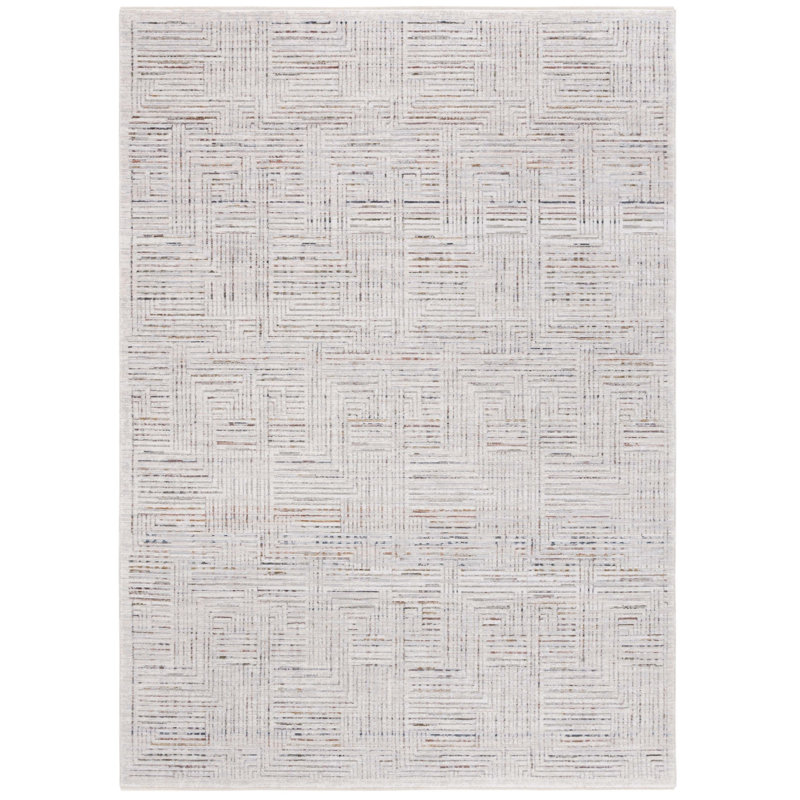 Tapis abstrait en polyester tissé à la machine en ivoire / gris / rouille, Rectangle 5 pi 3 po x 7 pi 6 po