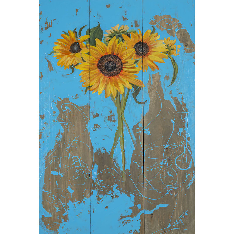 Tournesols sur bois de grange I, H 18 po x l 12 po