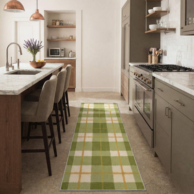 Modern Checkered Machine Washable Green / Beige / Orange Indoor Area Rug with Non-Slip Backing