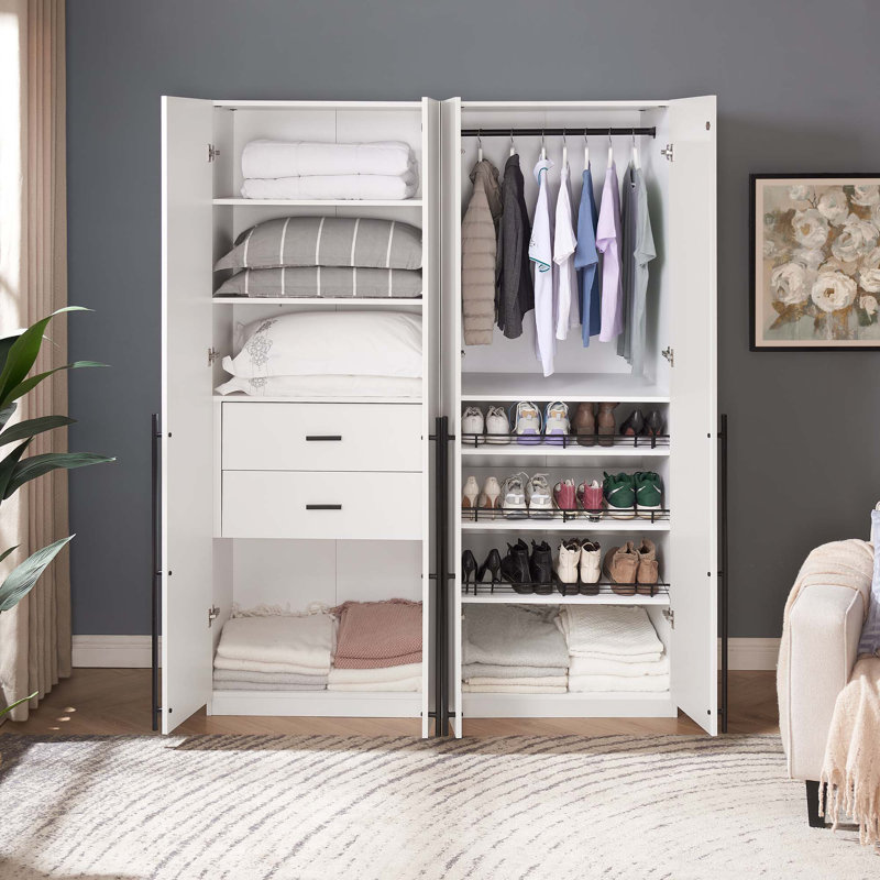 Armoire-penderie moderne avec tringle, tiroirs, compartiments à chaussures et tablettes réglables blanches Lee, Blanc