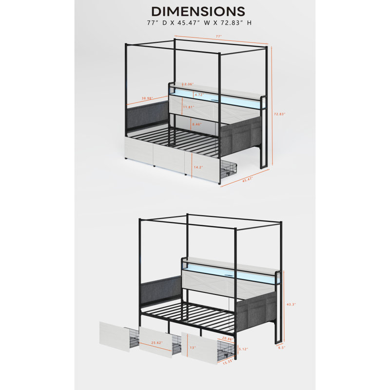 Lit simple moderne avec 3 tiroirs de rangement sous le lit, lumières DEL et station de charge