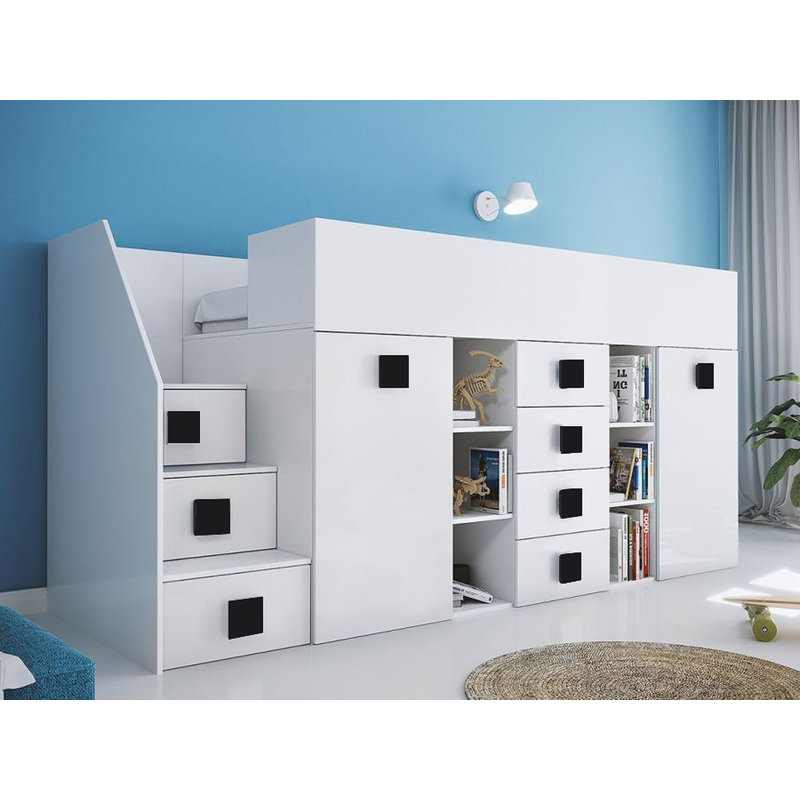 Goyette European Single (90 X 200 Cm) Loft Bed with Storage Included, White/Black