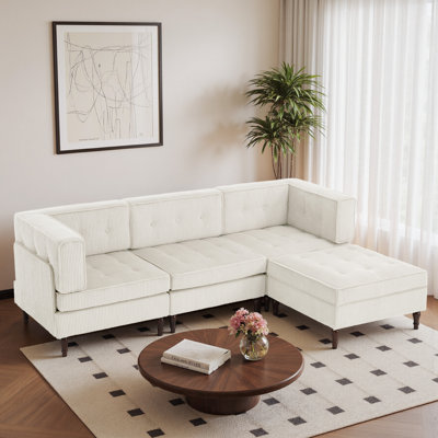 4 - Piece Upholstered Tufted Corduroy Modular Corner Sofa with Pillow Back and Removable Flip-Tray Top Storage Ottoman 