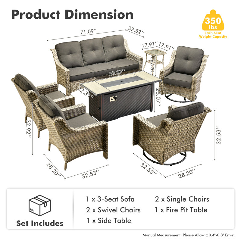 Emanuell 7 - Person Wicker Outdoor Conversation Set, Patio Sofa & Swivel Chair Set with Fire Pit and Cushions, Black