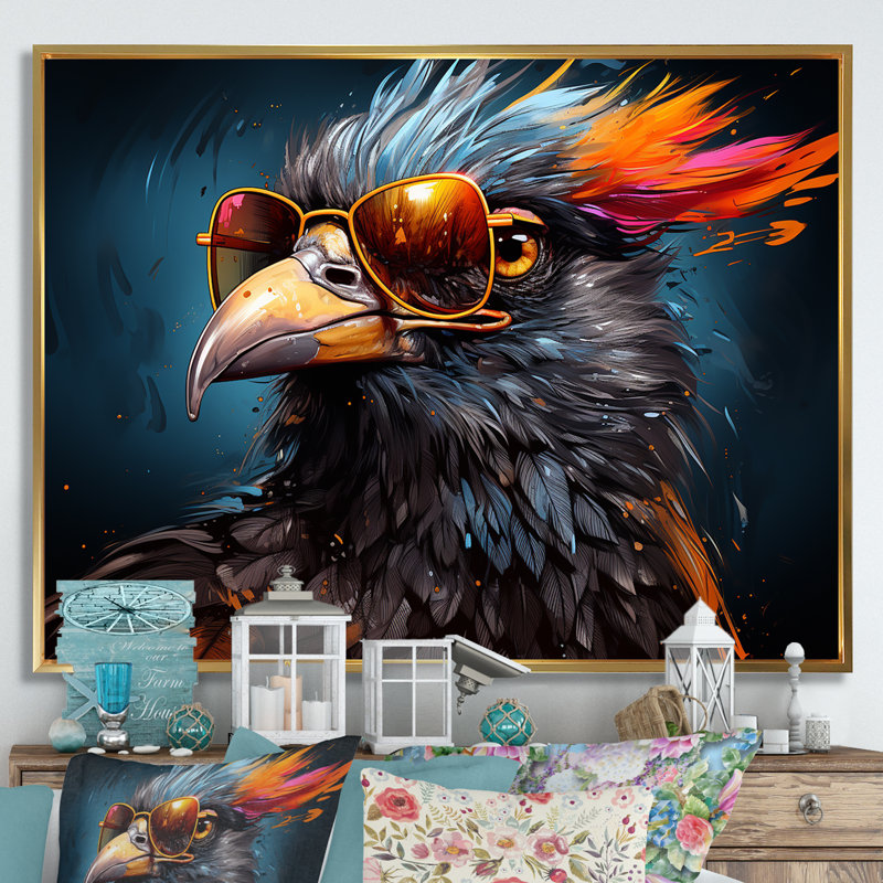 Cool Bird Abstract Aviators sur toile, Cadre flottant doré, H 16 po x l 32 po x P 1 po