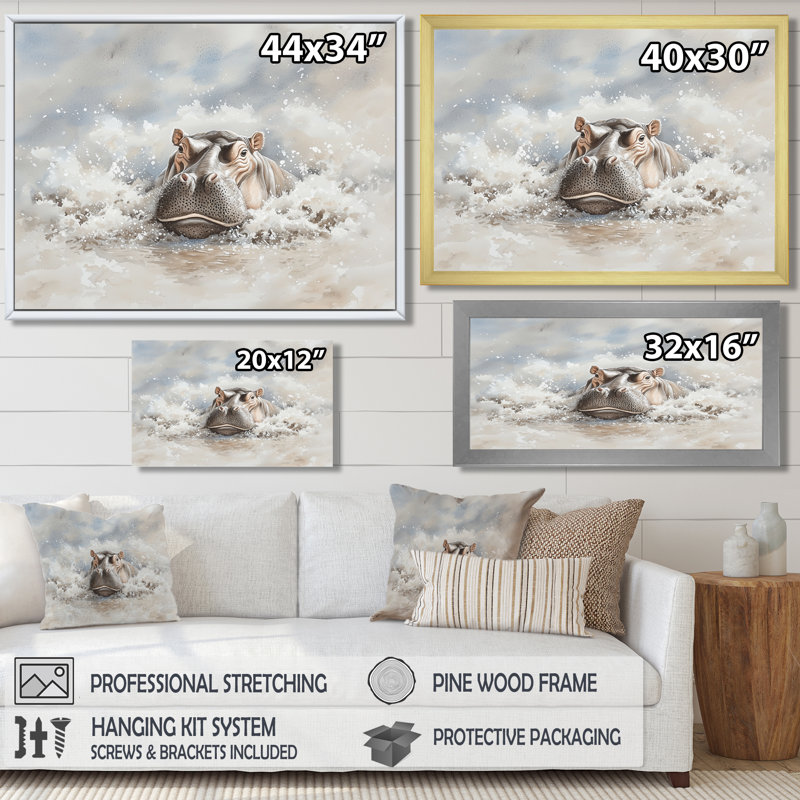 Hippopotame dans la boue - art mural hippopotame, H 34 po x l 44 po, Toile tendue, Ne s’applique pas