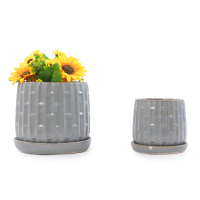  Ceramic Plant Pots, 7 + 5 Inch, Set of 2 Flower Pots with Drain Hole and Saucer, Bamboo Pattern Planter for Plants Orchids Succulents Indoor/Outdoor, Plant Gifts - Grey