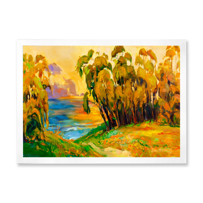 «Green Trees By The Riverside pendant Evening Glow», peinture sur toile, H 16 po x l 32 po x p 1 po, Cadre blanc