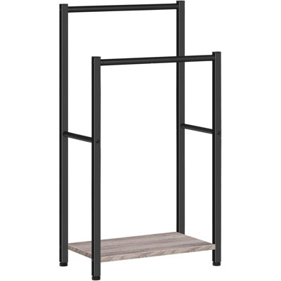 Porte-serviettes sur pied, porte-échelle à 2 niveaux pour salle de bain, L 16,5 po x l 9,4 po x H 31,5 po, porte-couvertures, séchoir industriel et présentoir avec tablette, métal, grège et noir