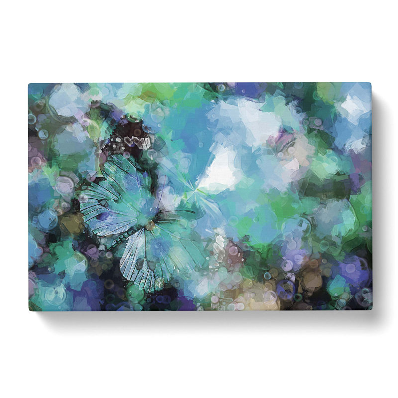Butterfly Upon A Flower In Blue In Abstract - Wrapped Canvas Painting, 60cm H x 91cm W x 3cm D