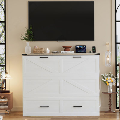 Lit escamotable double pleine grandeur avec charge, tiroir de rangement, pour chambre d'amis / petite, blanc