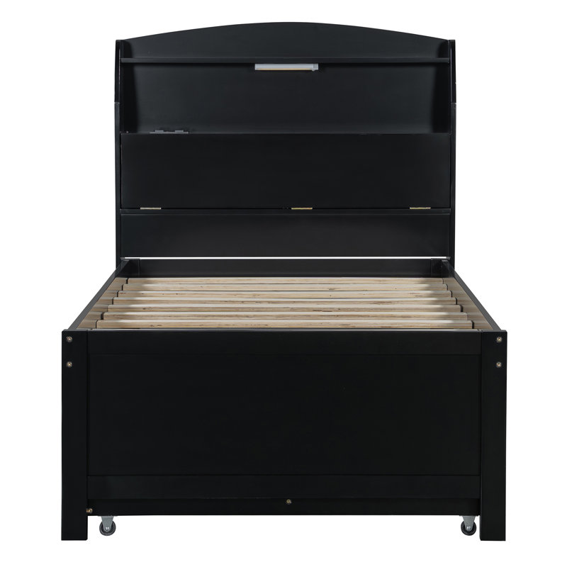 Lit plateforme en bois avec lit gigogne, tête de lit et tiroirs à DEL, Twin, Grey